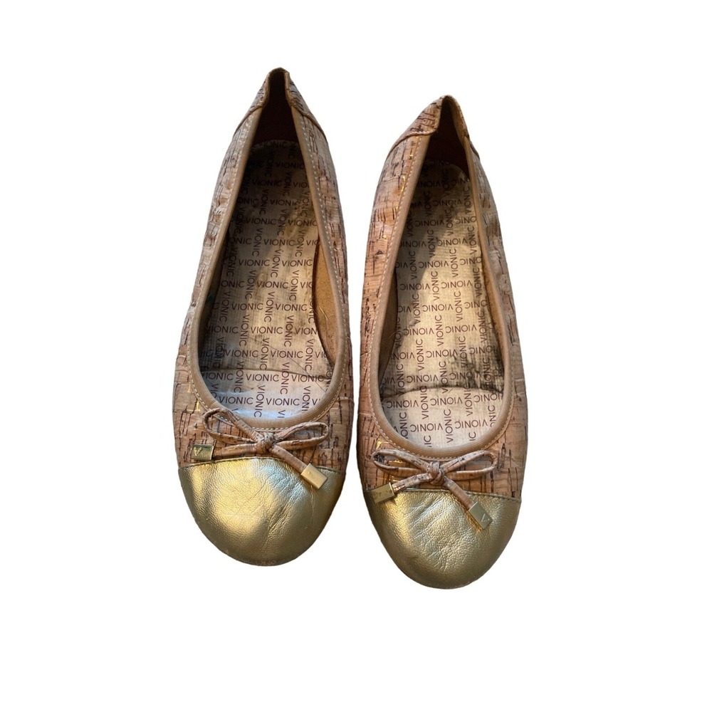 Vionic Women's Spark Minna Gold Cork Ballet Cap Toe Bow Design Flats Size 8